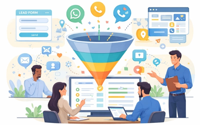 Illustration of Sales Lead Management process showing lead capture, tracking